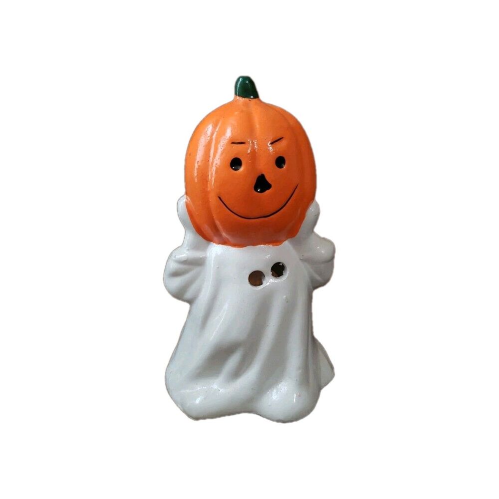 Halloween Ghost Pumpkin Ceramic Candle Holder Vintage Woolworth Jack O'Lantern